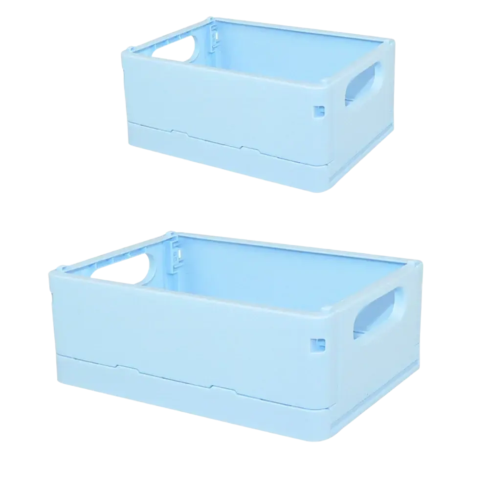 Light blue plastic folding storage boxes with integrated handles and two-tiered design for desktop organization
