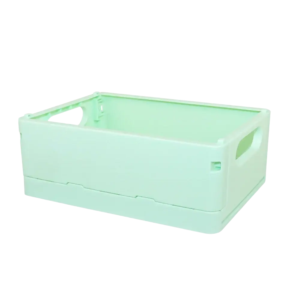 Light green pastel plastic folding storage boxes basket with integrated handles and dimension markings for desktop organization