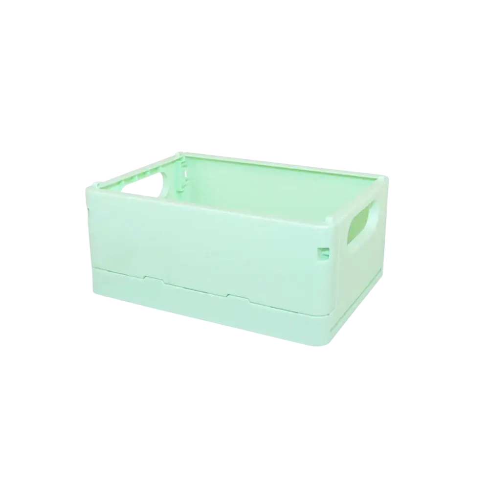 A light mint green foldable plastic storage boxes basket with integrated handles and compact design for desktop organization