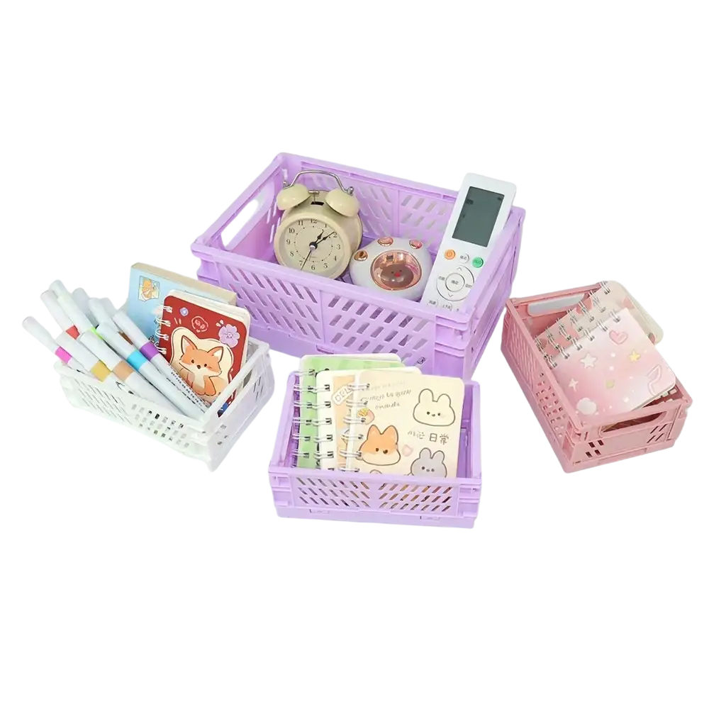 Purple plastic folding storage boxes with lattice pattern and handles for desktop organization and storage basket use