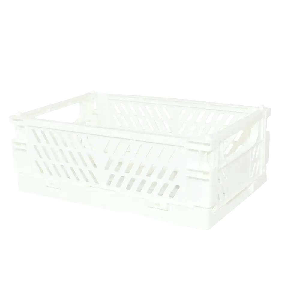 White plastic folding storage box with rectangular shape and lattice-patterned sides for desktop organization