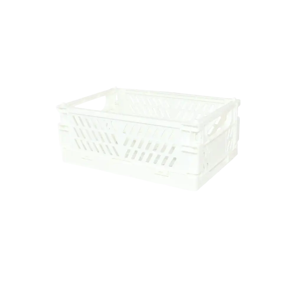 White plastic foldable storage box with slotted sides and compact design for desktop organization storage boxes basket