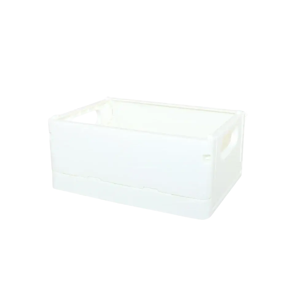 White plastic folding storage box with integrated handles and dimensions marked for pastel plastic desktop organizer storage boxes basket