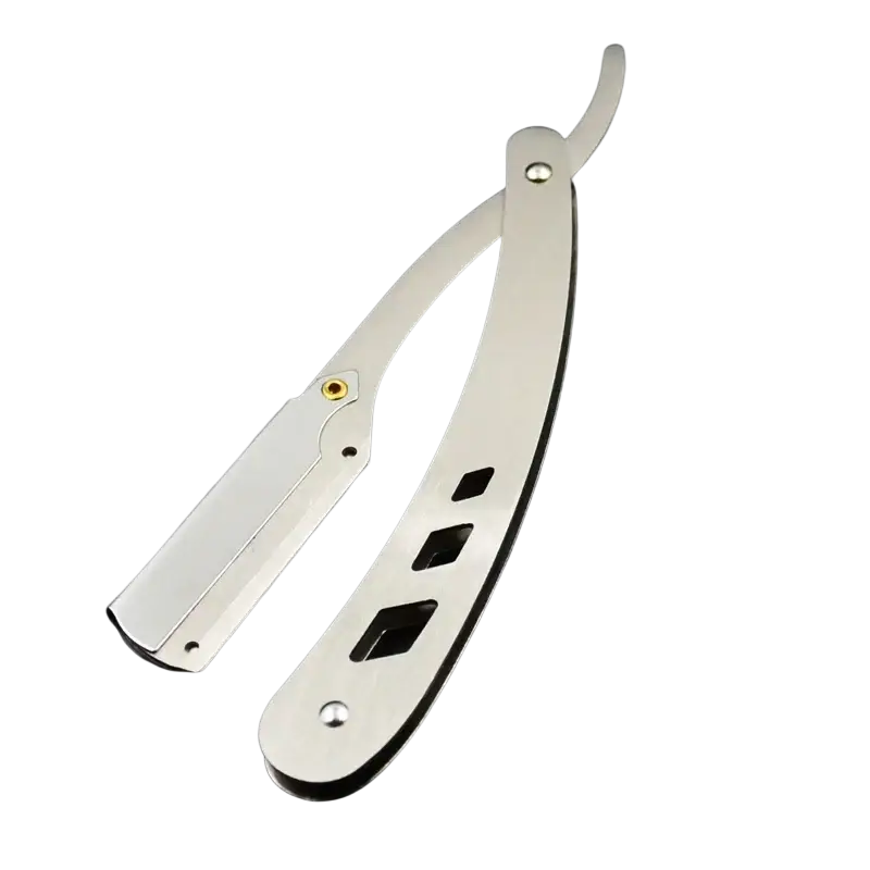 Folding straight razor black stainless steel men shaving tool with sleek polished finish and decorative handle cutouts