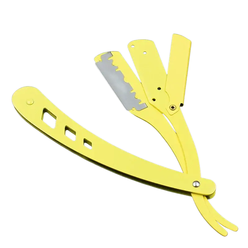 Bright yellow folding straight razor with metallic blade and ergonomic handle for men shaving black stainless steel tool