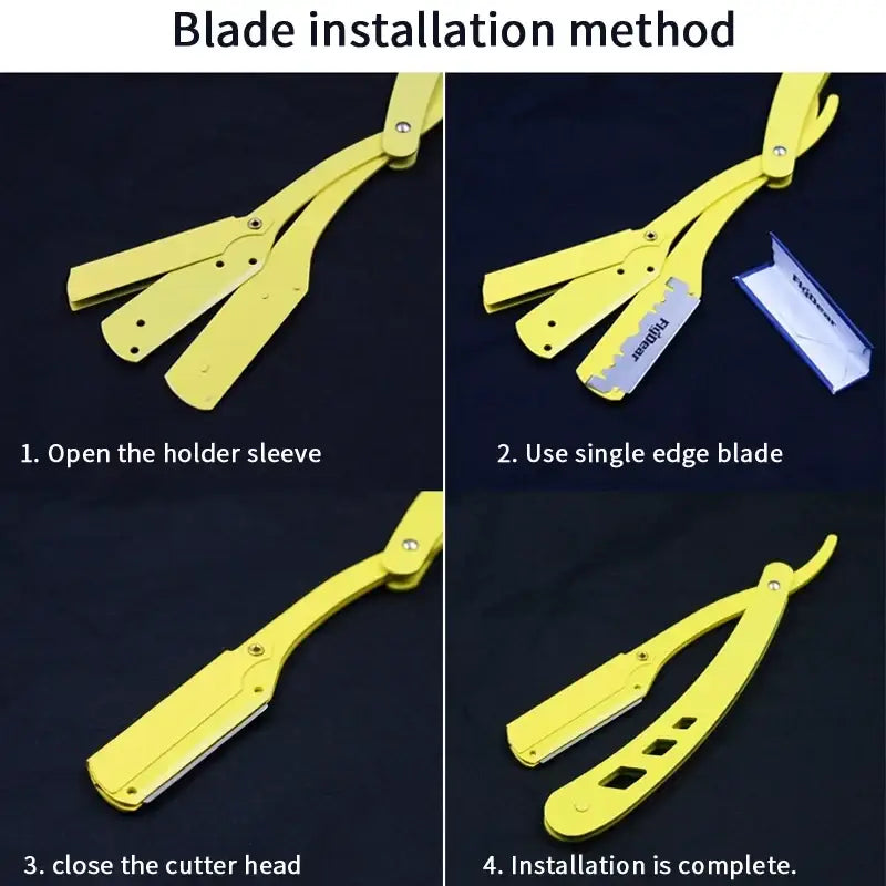 Bright yellow plastic-handled straight razor with single-edge blade shown in four steps of installation for men’s shaving