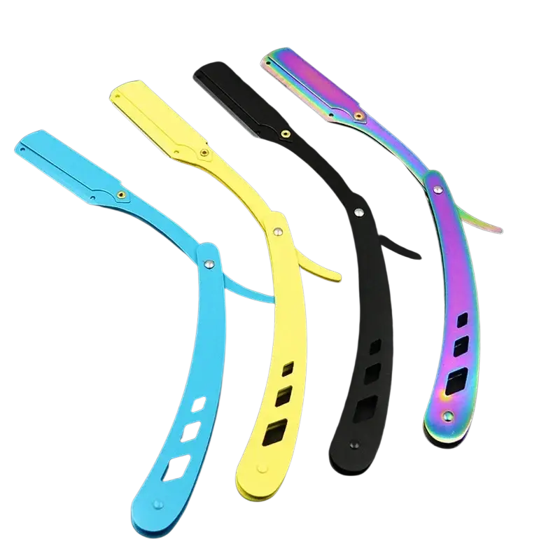 Four colorful folding straight razors with iridescent black stainless steel for men shaving tool use