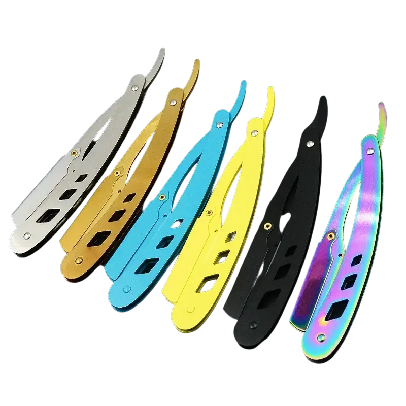 A set of six colorful metallic folding straight razors with sleek black stainless steel handles for men shaving