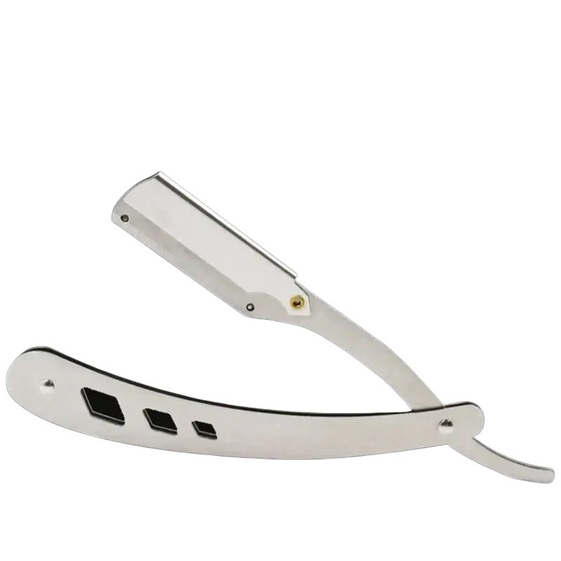 Shiny black stainless steel folding straight razor with sleek modern design and three rectangular cutouts on handle