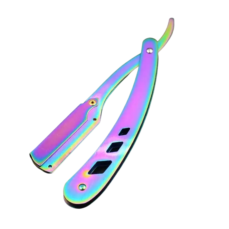 A folding straight razor with iridescent rainbow finish black stainless steel blade and handle for men’s shaving tool