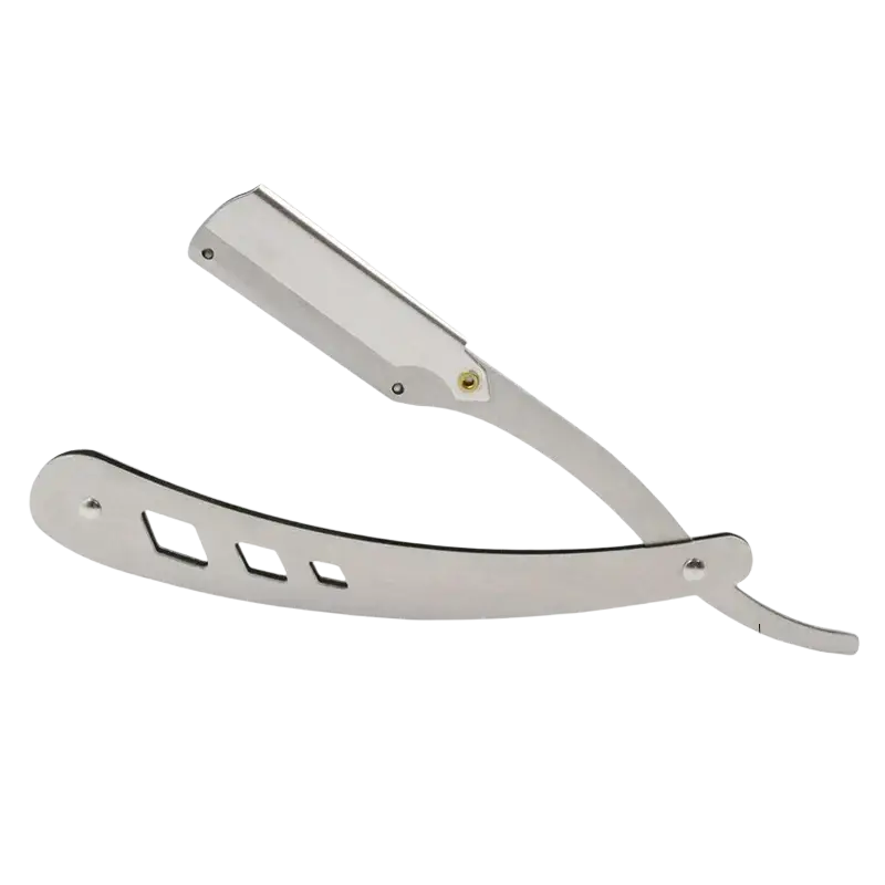 A sleek silver stainless steel folding straight razor with three cutouts on the handle for men shaving tool
