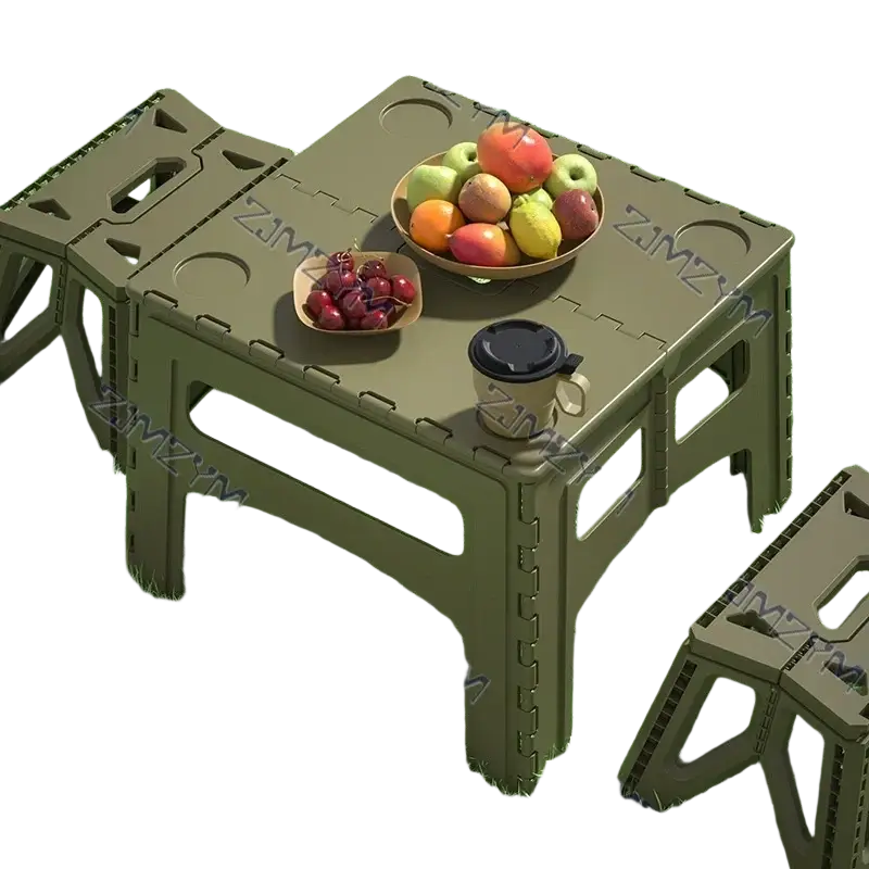 Olive green foldable plastic table with integrated side handles and storage compartments for camping and picnics