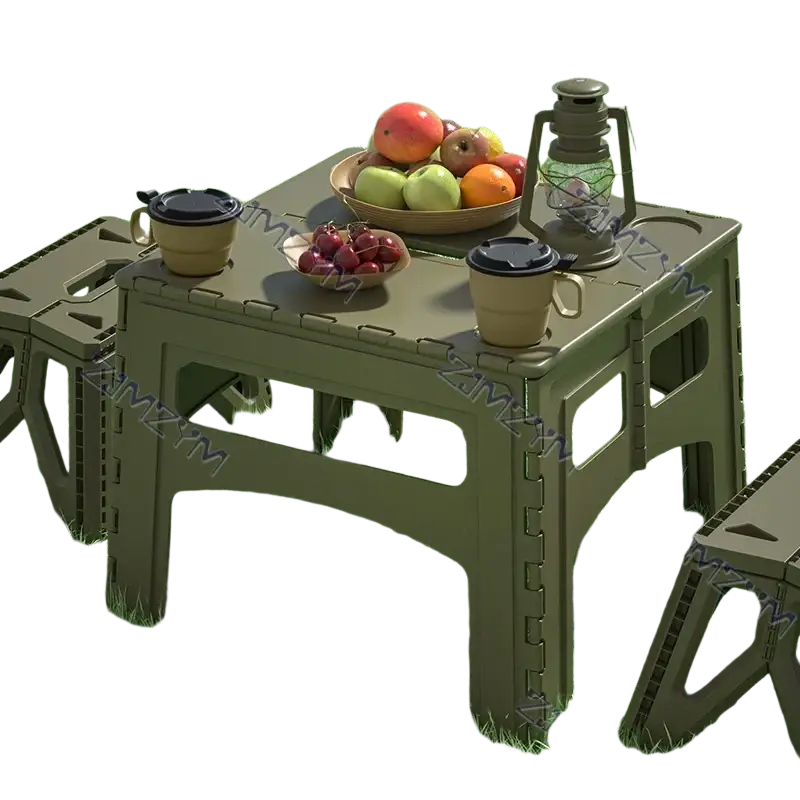 Olive green foldable plastic camping folding table with integrated side handles and modular sturdy design for picnic use