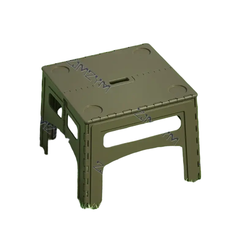 Olive green foldable plastic step stool with integrated cup holders and handle cutout for folding table use
