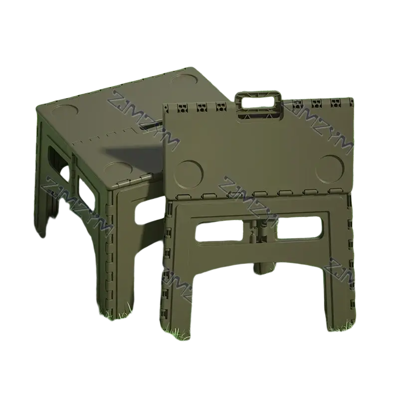 Olive green plastic foldable step stool with handle and circular cutouts for folding table camping and picnic use