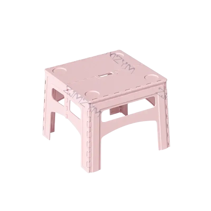 Pink plastic folding step stool with cup holders and cutout seat for use with olive green folding table portable camping picnic