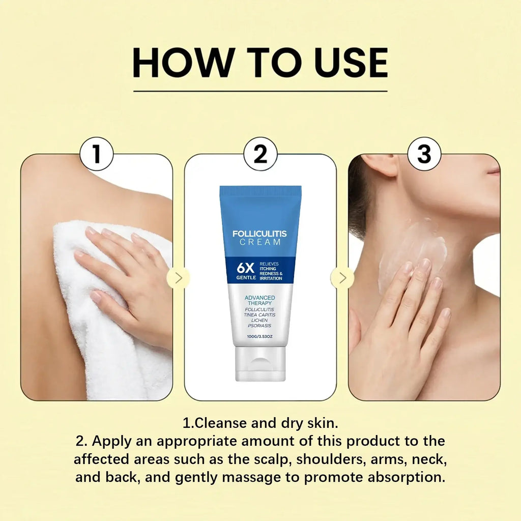 Blue and white tube of folliculitis care cream for dry skin with 6x gentle formula for body skin treatment
