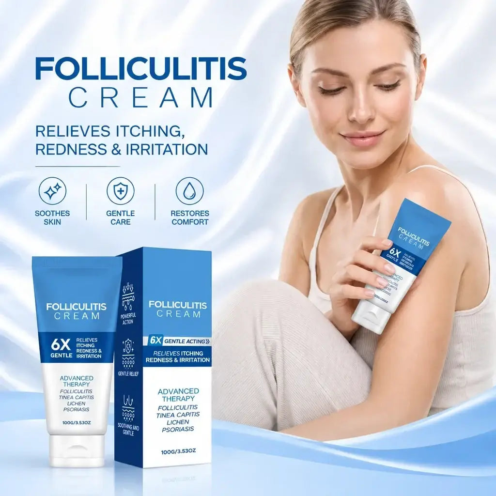 Blue and white tube of folliculitis care cream with white cap labeled 6x gentle for advanced therapy on dry body skin