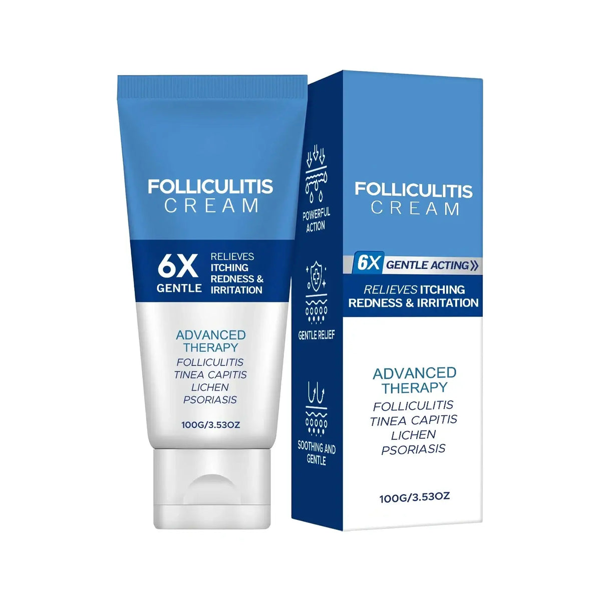 Blue and white tube of folliculitis care cream with matching box labeled 6x gentle for dry skin and body skin relief