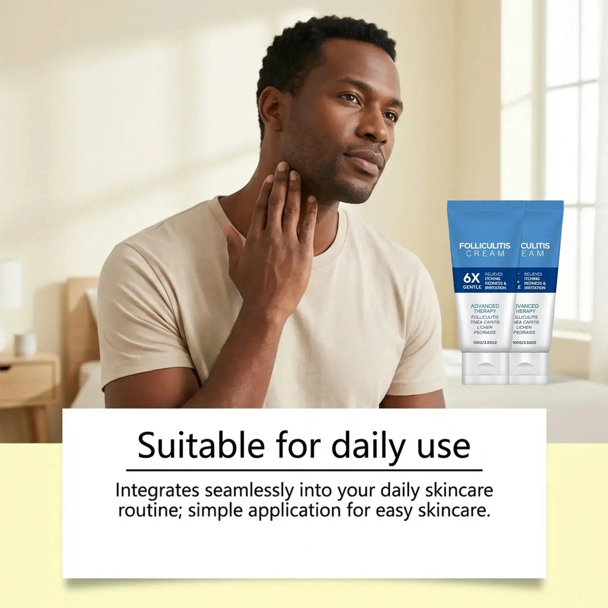 Blue and white tube of folliculitis care cream for dry skin designed for effective body skin treatment