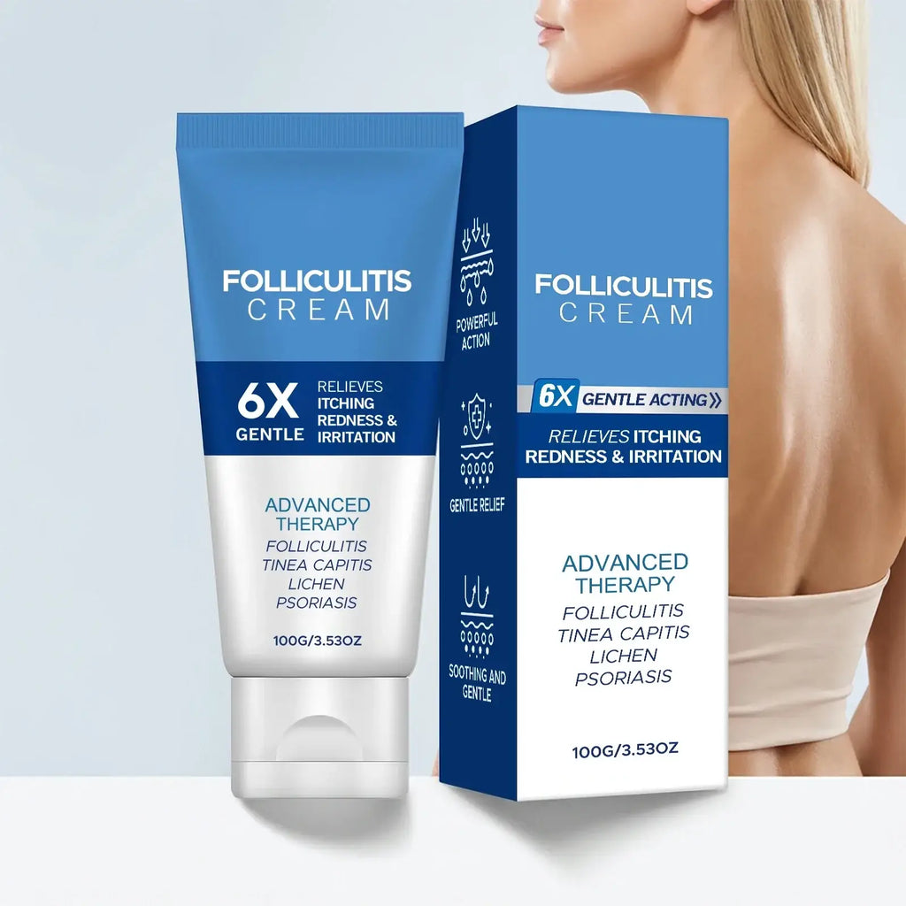 Blue and white tube of folliculitis care cream with box for dry skin relieving itching redness and irritation on body skin