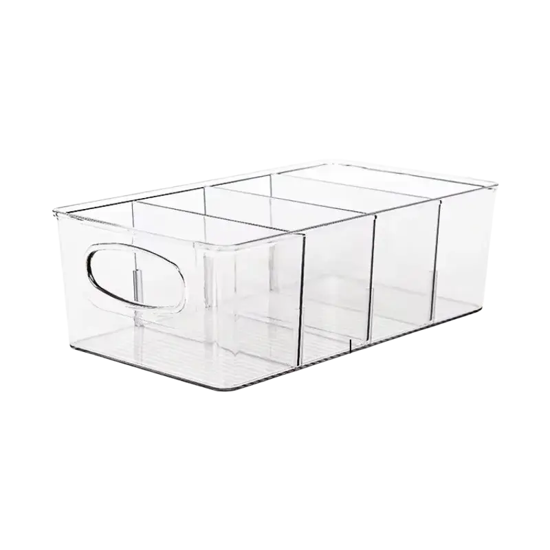 Clear plastic food storage bin with handle and removable dividers for organized pantry storage bins and food containers