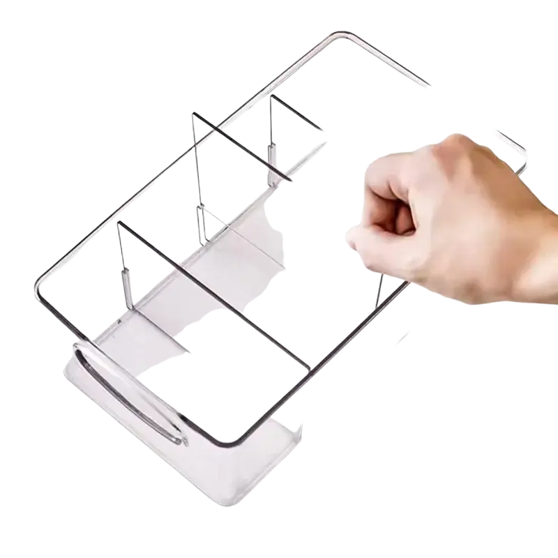 Clear plastic food storage bin with black dividers and handle for organized pantry storage bins and food containers