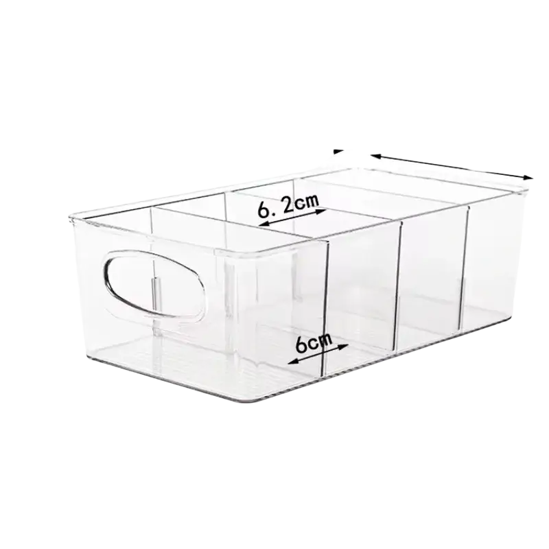 Clear plastic food storage bin with divided compartments and oval handle for pantry organization and food containers