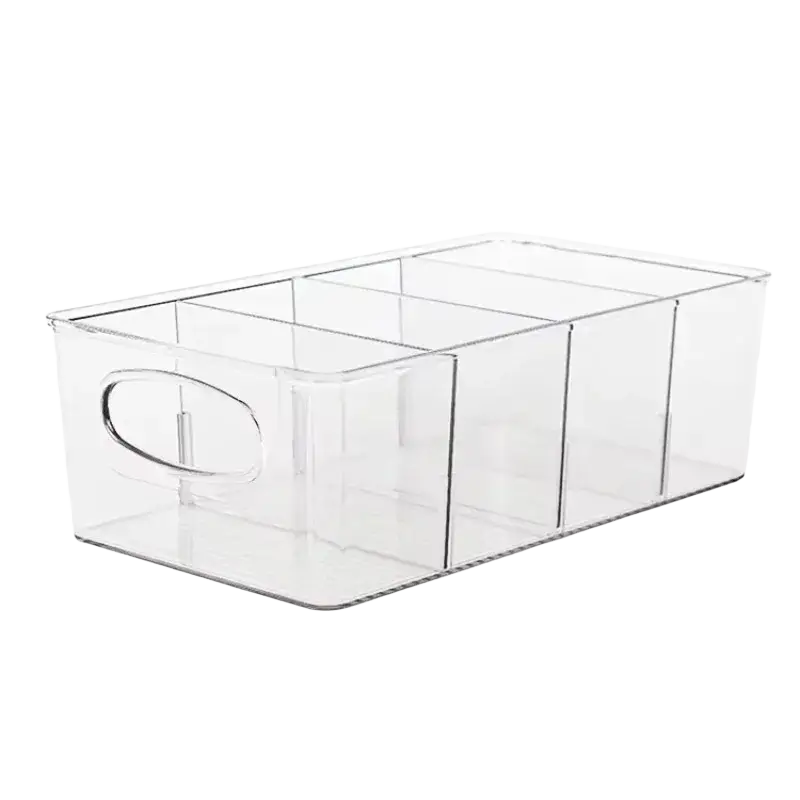 Clear plastic food storage bin with dividers and built-in handle for organized pantry storage bins and food container use