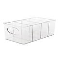 Clear plastic food storage bin with dividers and built-in handle for organized pantry storage bins and food container use