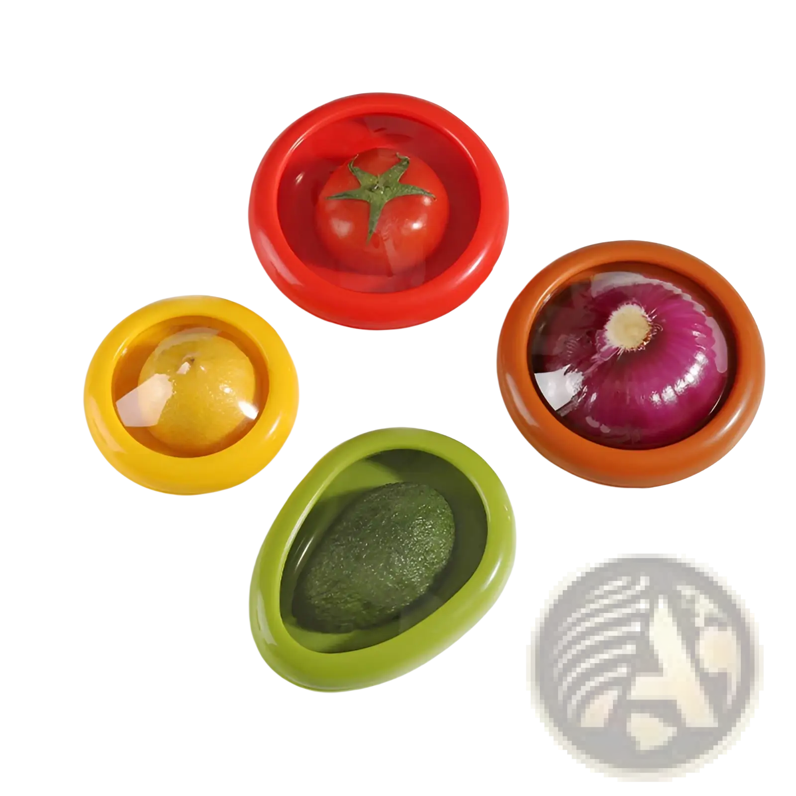 Set of 4 colorful silicone vegetable protectors in red, yellow, orange, and green for fresh keeping food storage