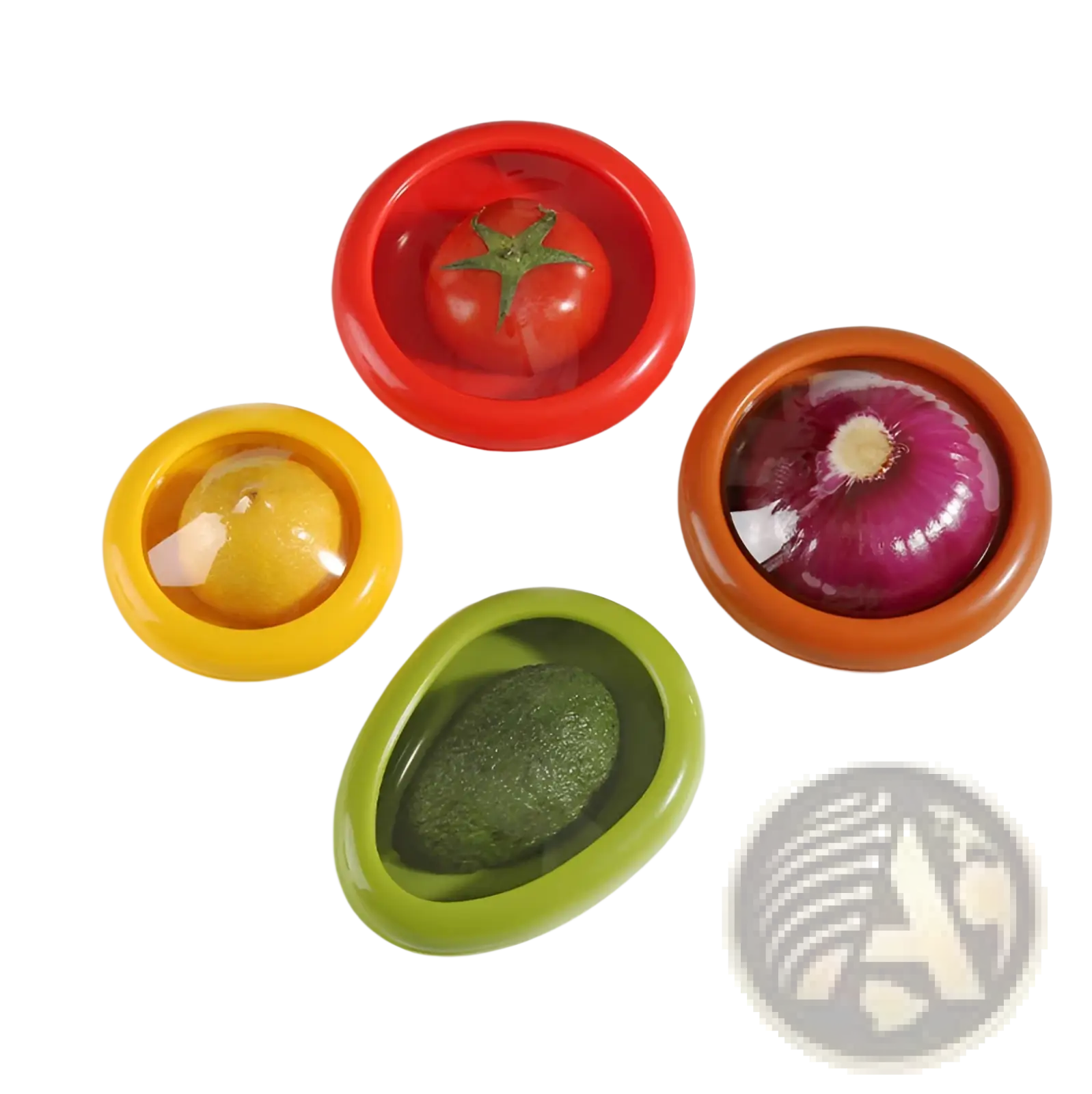 Food storage container set of four colorful silicone rings in red yellow orange and green holding different vegetables