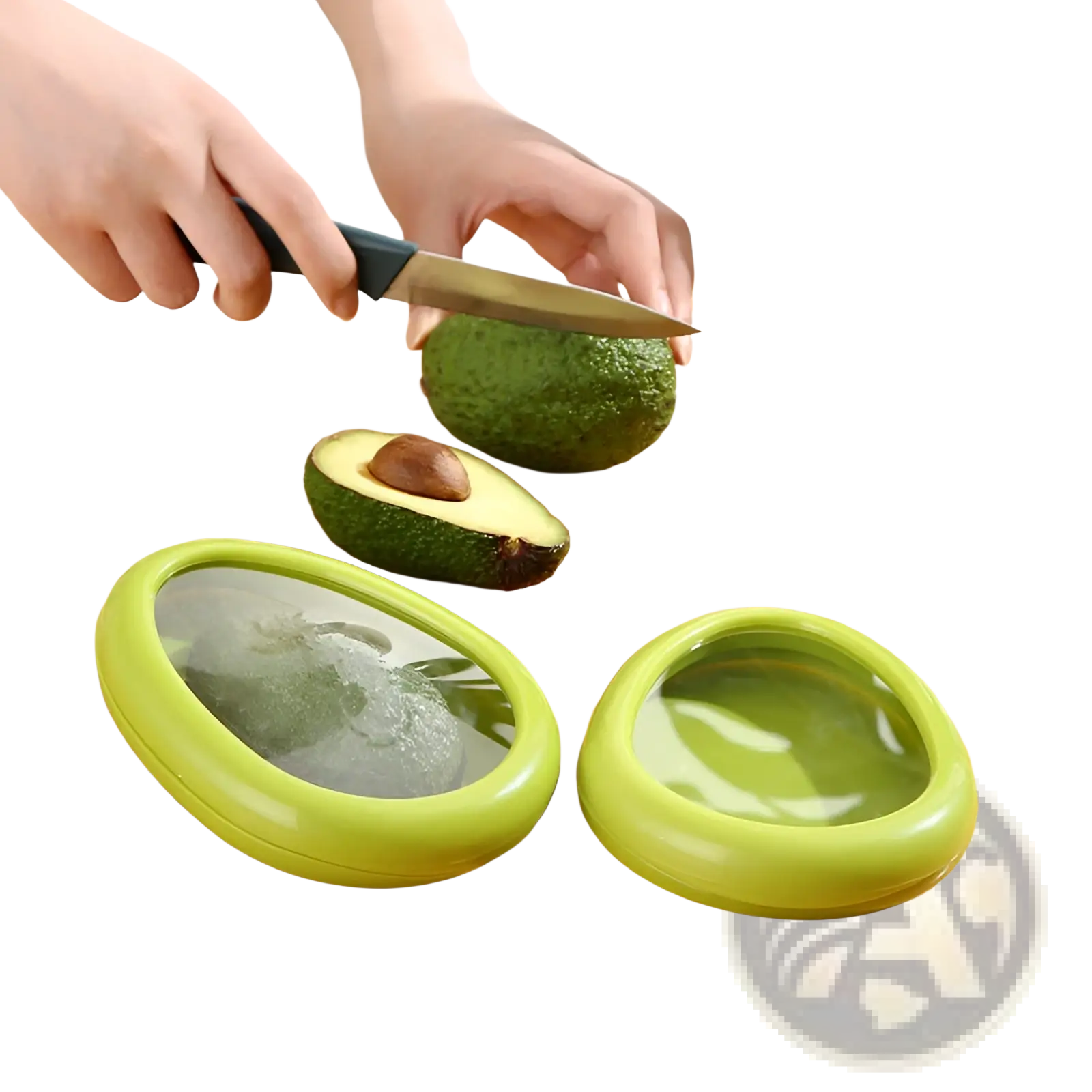 Lime green oval avocado slicer with clear plastic lid and rounded edges in a 4-piece food storage container set