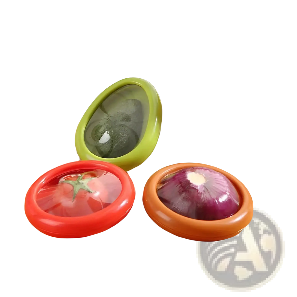 Colorful plastic onion and tomato pressers with clear domed tops in a 4pc food storage container set for fresh keeping