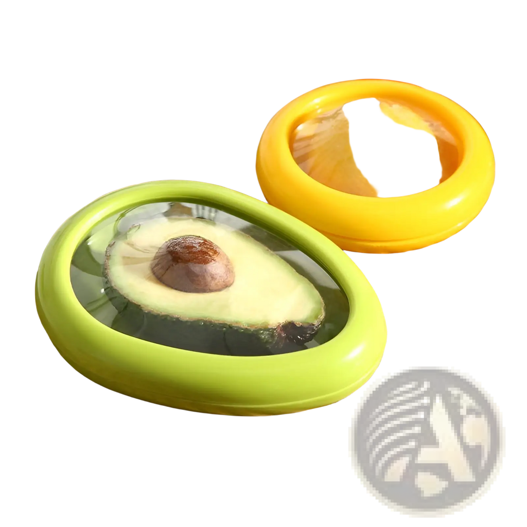 Lime green avocado-shaped food storage container with clear lid and yellow lemon keeper for fresh keeping set of 4pc