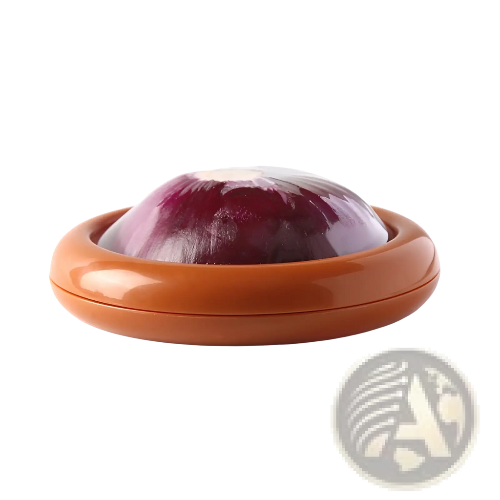 Glossy terracotta plastic onion slicer holding red onion in a 4-piece food storage container set fresh keeping box
