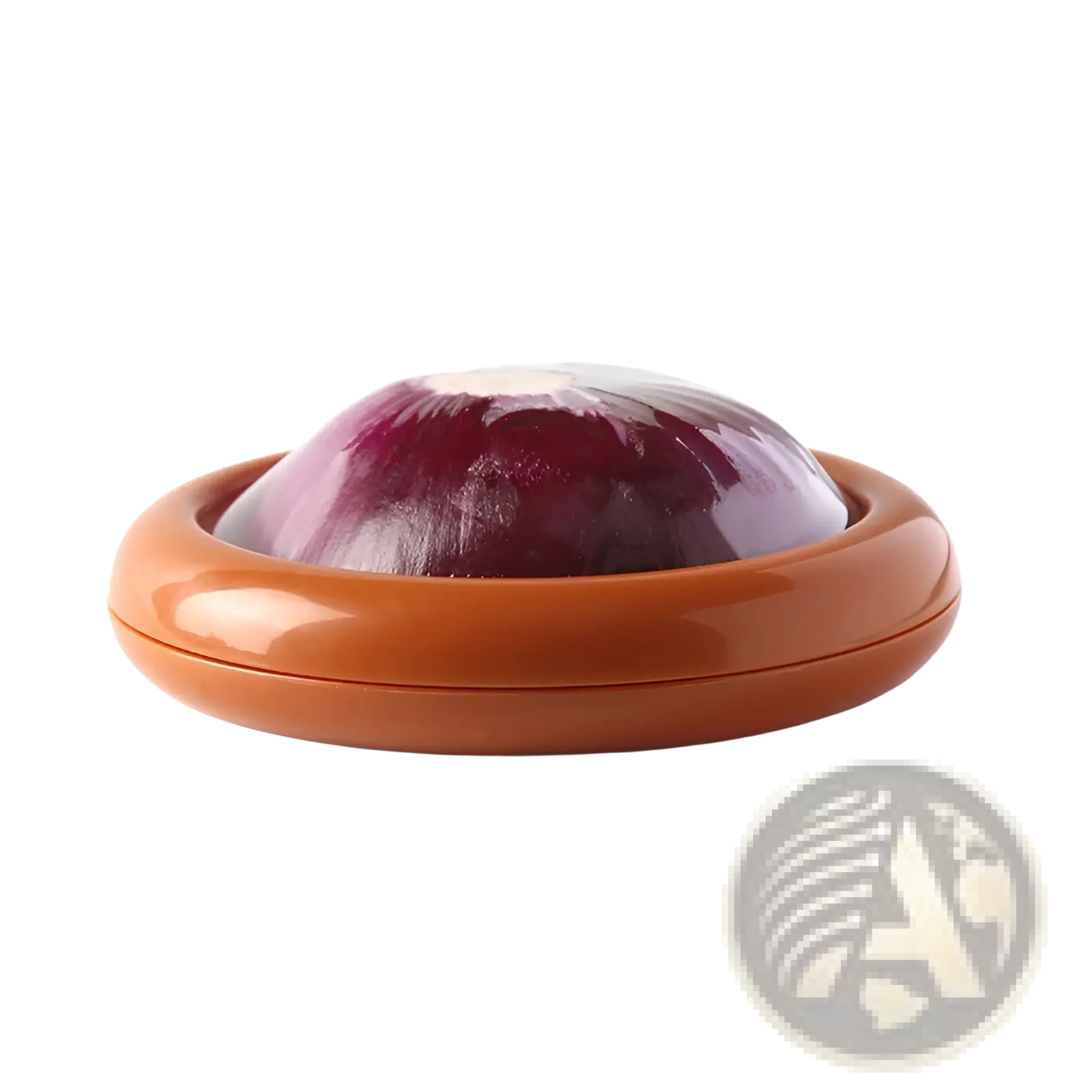 Glossy terracotta plastic onion slicer holding red onion in a 4-piece food storage container set fresh keeping box