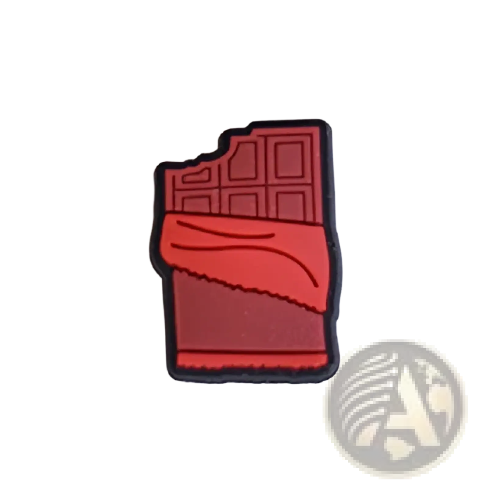 Red chocolate bar shaped food themed shoe charm with black outline and textured surface for sandals and clogs