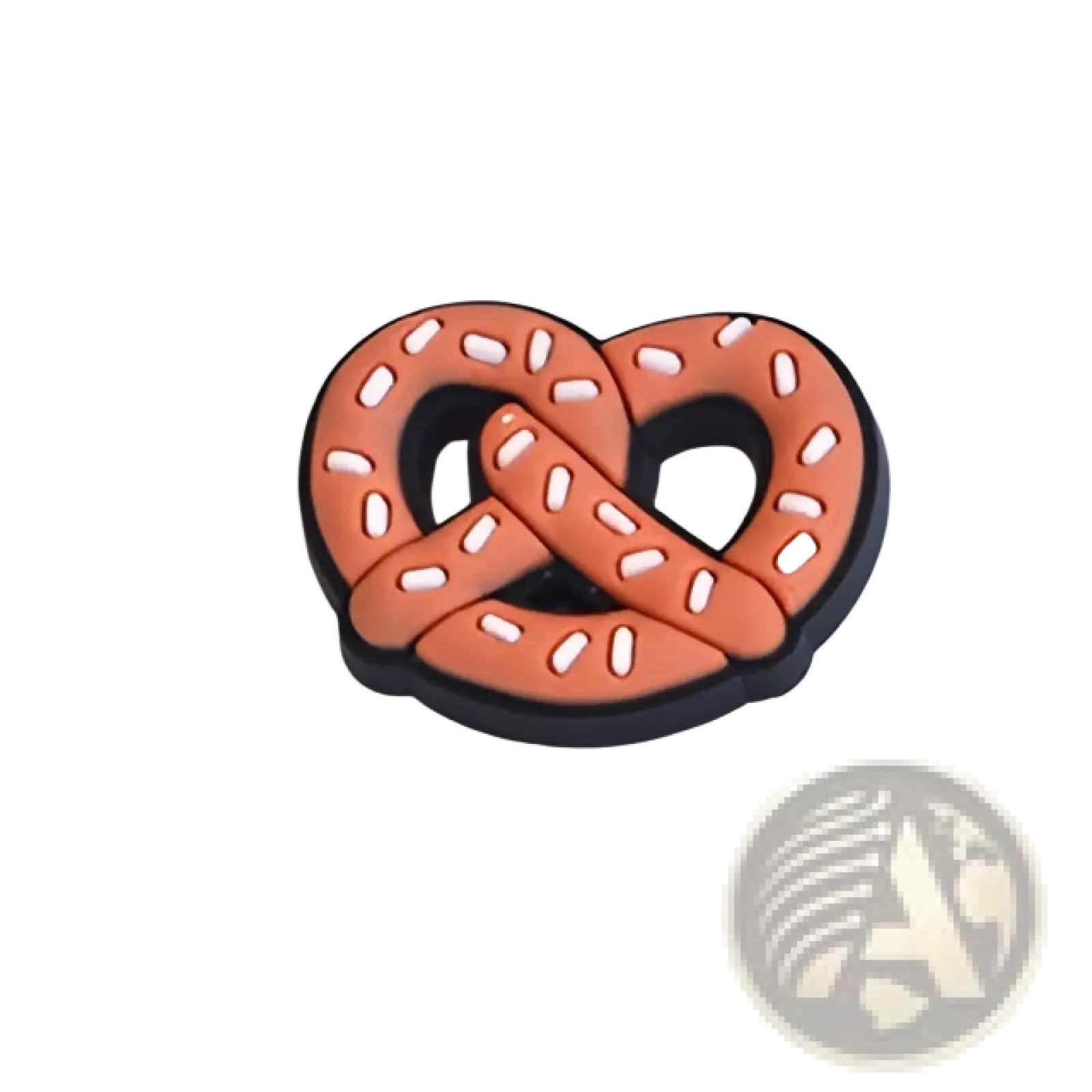 Orange and white pretzel-shaped food themed shoe charm with black base for sandals and clogs