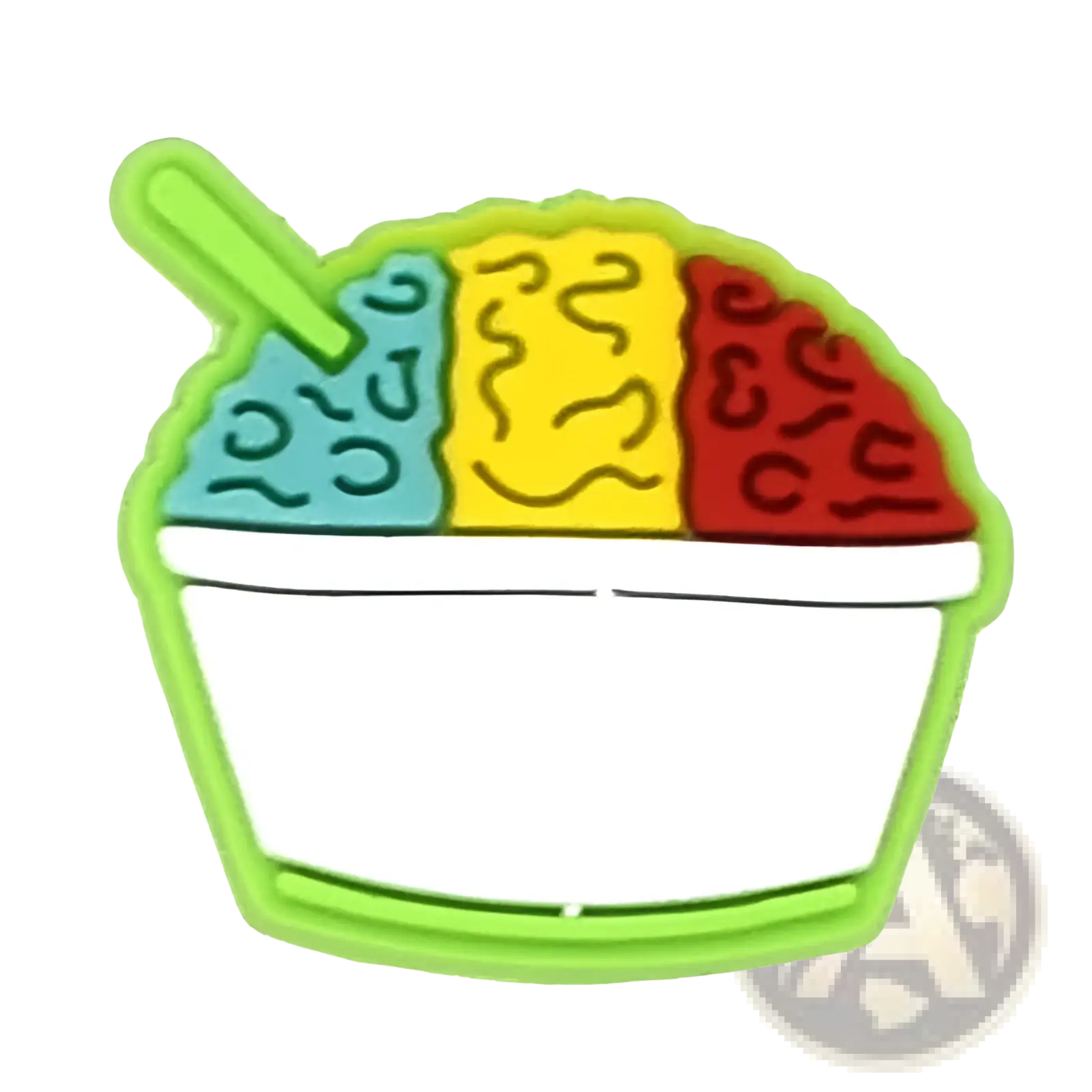 Food themed shoe charm for sandals and clogs shaped like a lime green rubber shaved ice bowl with blue yellow and red sections