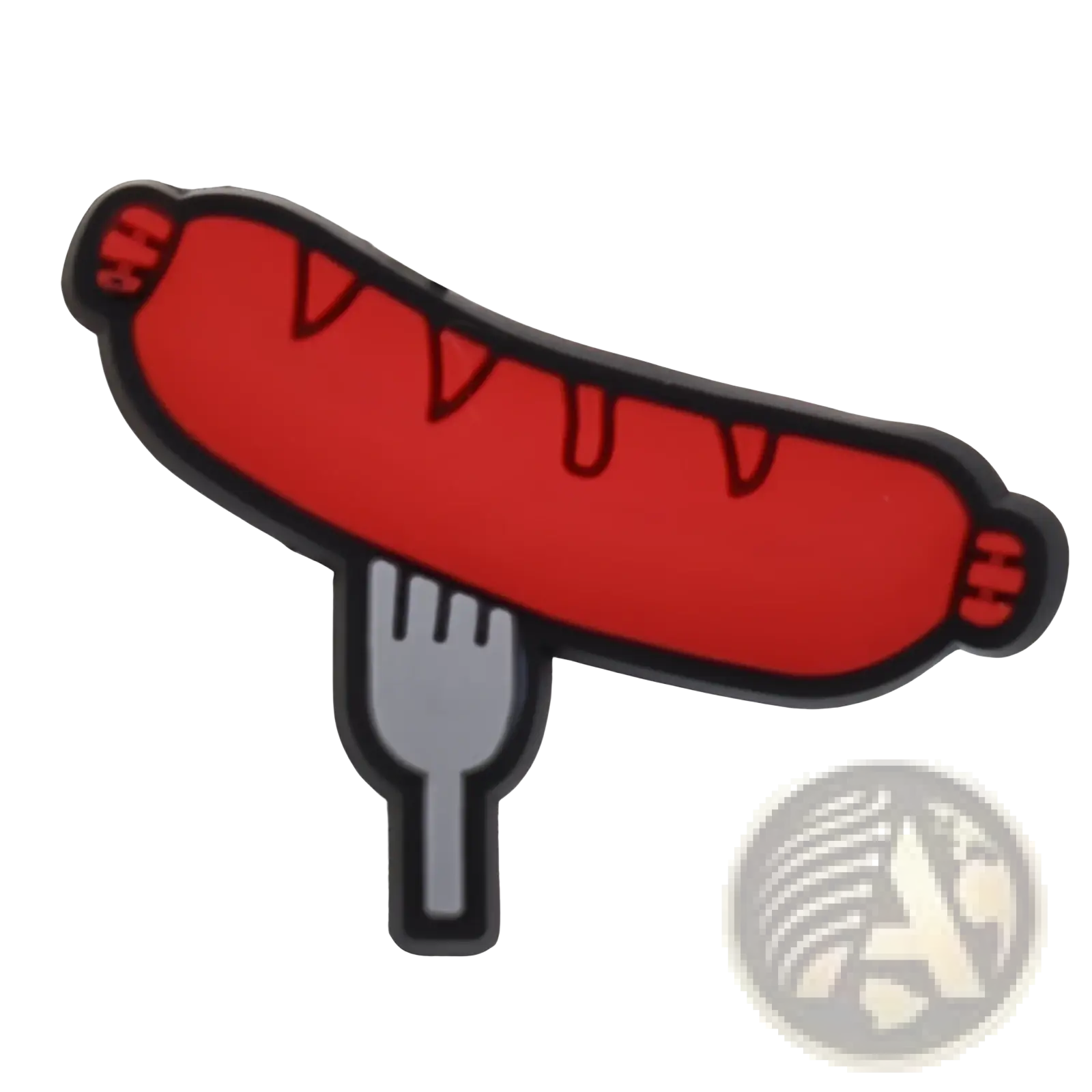 Food themed shoe charm shaped like a red sausage with black outline and gray fork detail for sandals and clogs