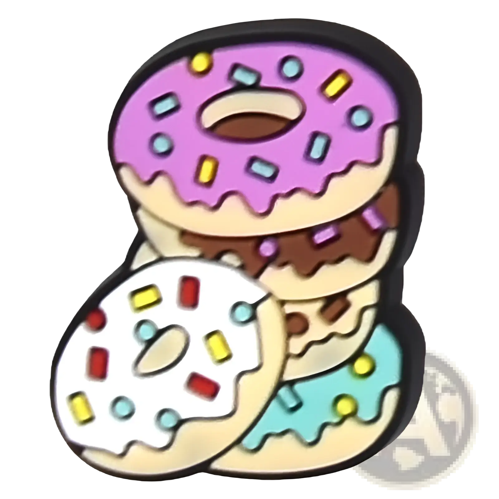 A colorful cartoon-style enamel pin featuring a stack of four assorted-frosted donuts with rainbow sprinkles for shoes