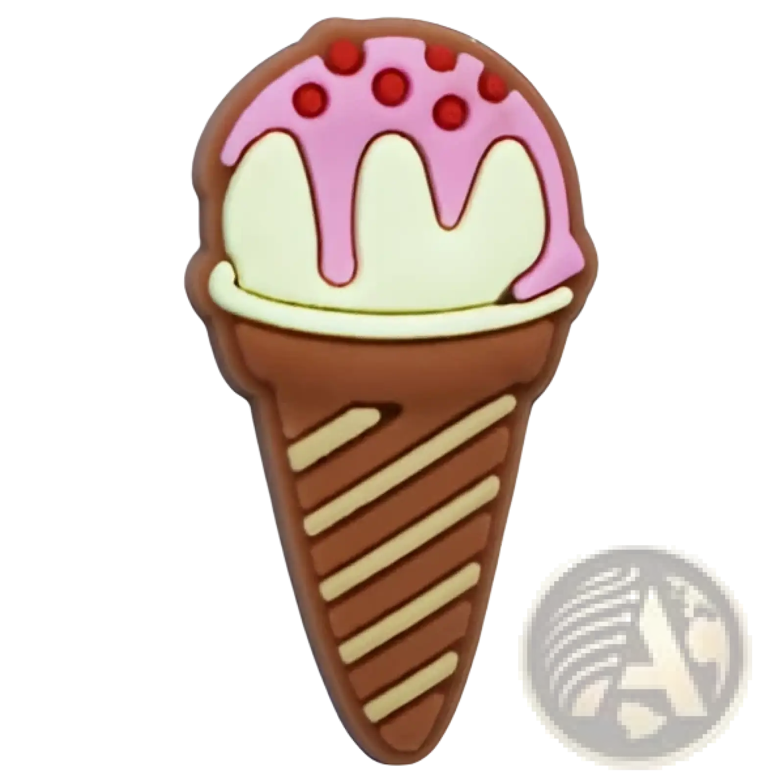 Food themed shoe charm of a chocolate cone ice cream with pink and white scoops and red dot toppings for sandals and clogs