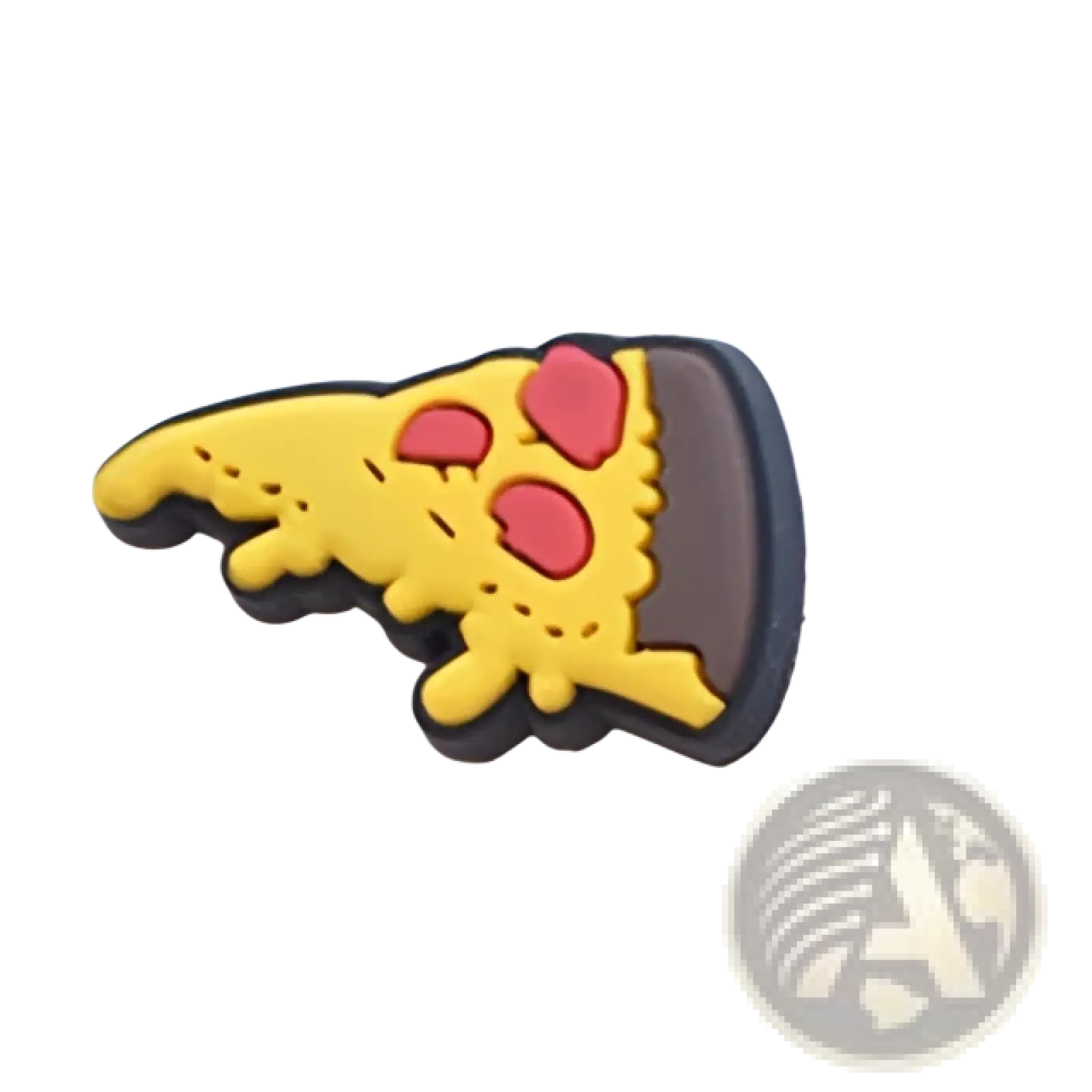 Yellow and red pizza slice-shaped rubber shoe charm with black outline for sandals and clogs food themed accessory