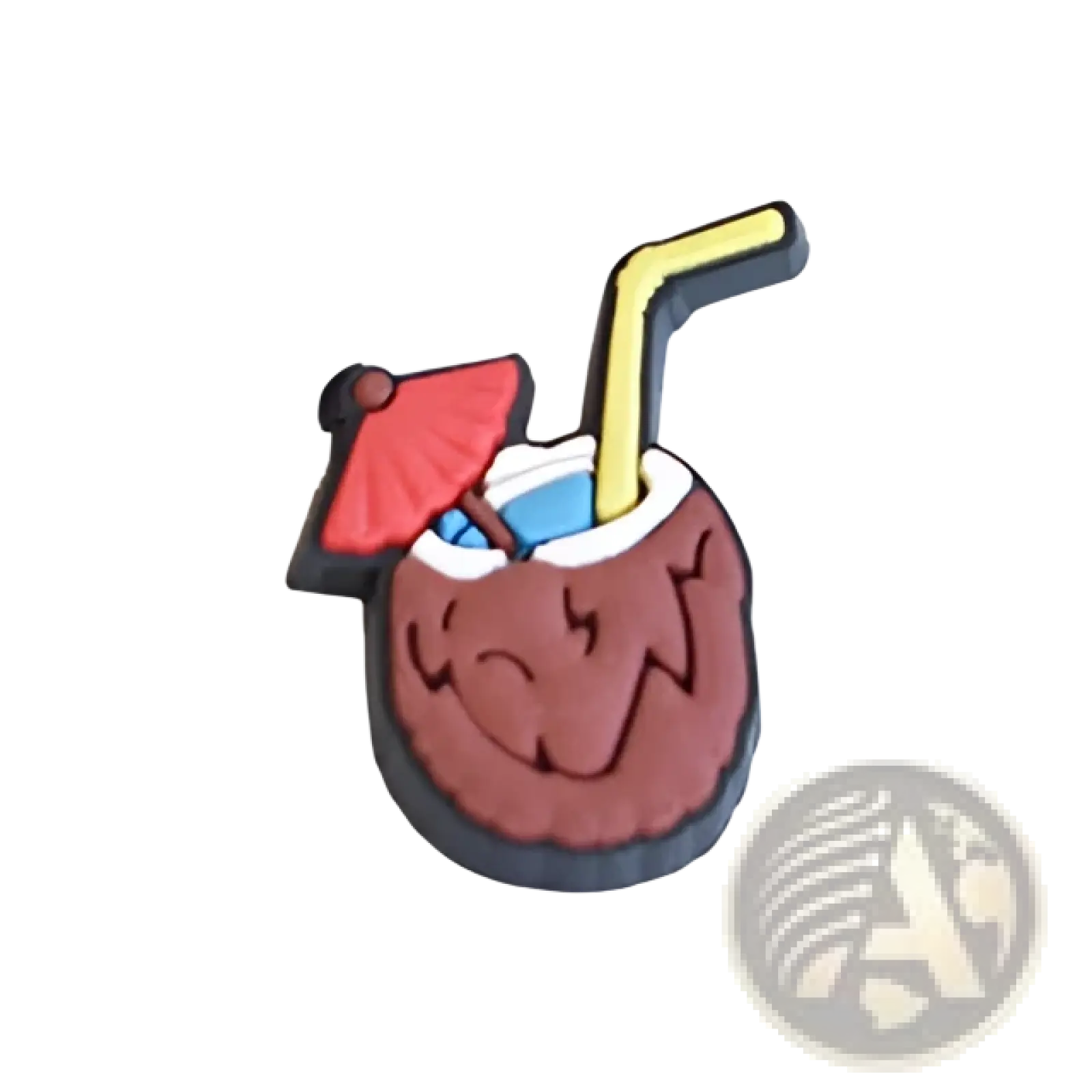 A brown coconut-shaped food themed shoe charm with a red umbrella and yellow straw for sandals and clogs
