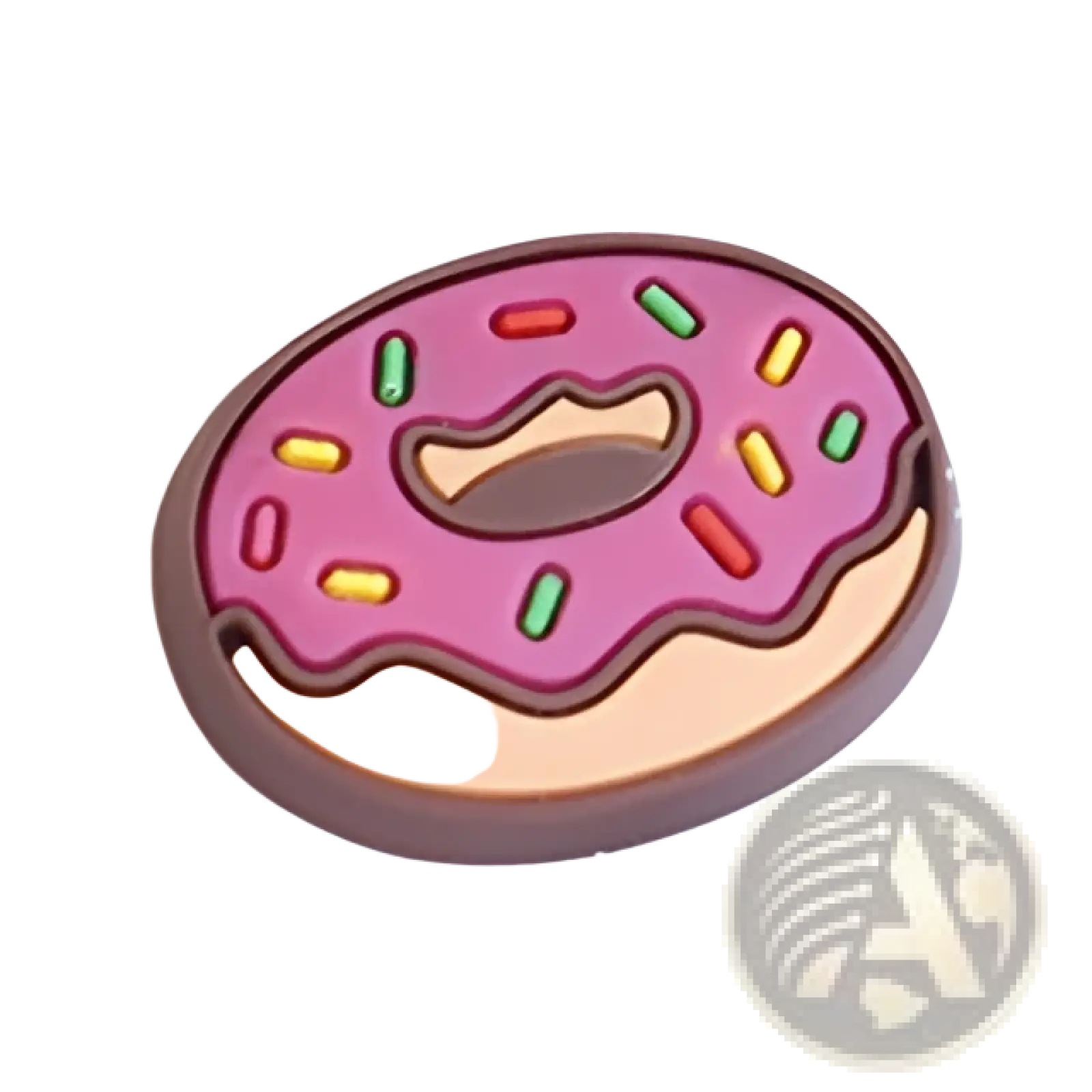 Pink frosted donut-shaped shoe charm with colorful sprinkles and brown chocolate outline for sandals and clogs