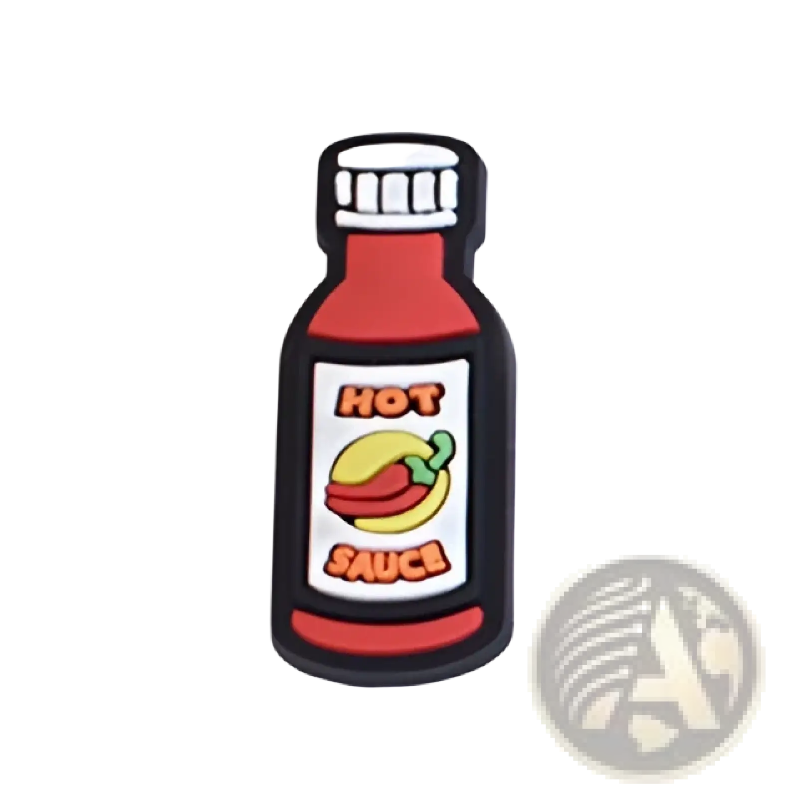 Red hot sauce bottle-shaped shoe charm with black outline and chili pepper label for sandals and clogs