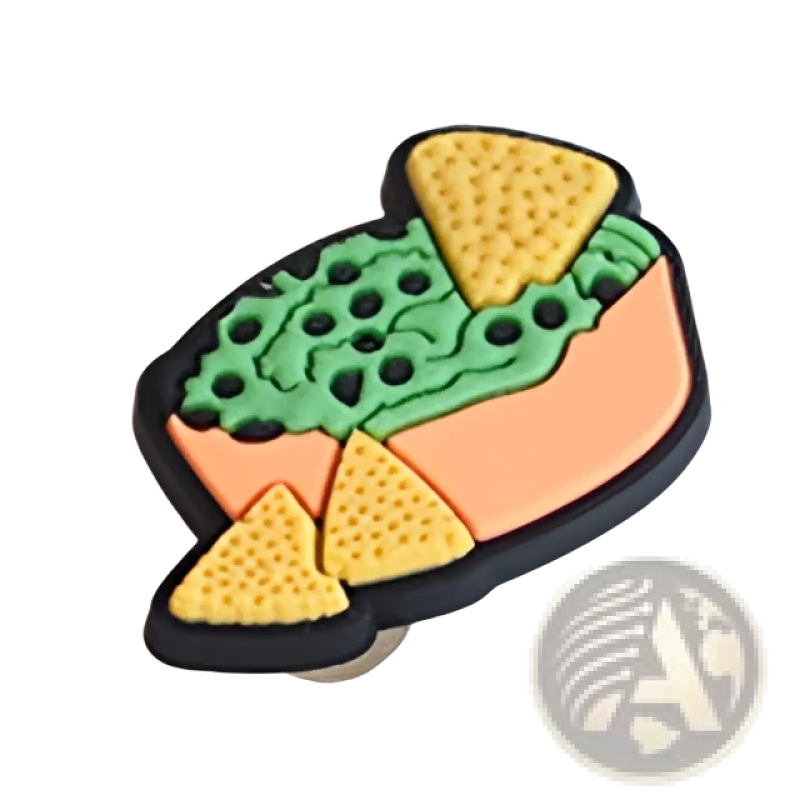 A vibrant molded rubber food themed shoe charm shaped like a bowl of green guacamole with yellow tortilla chips