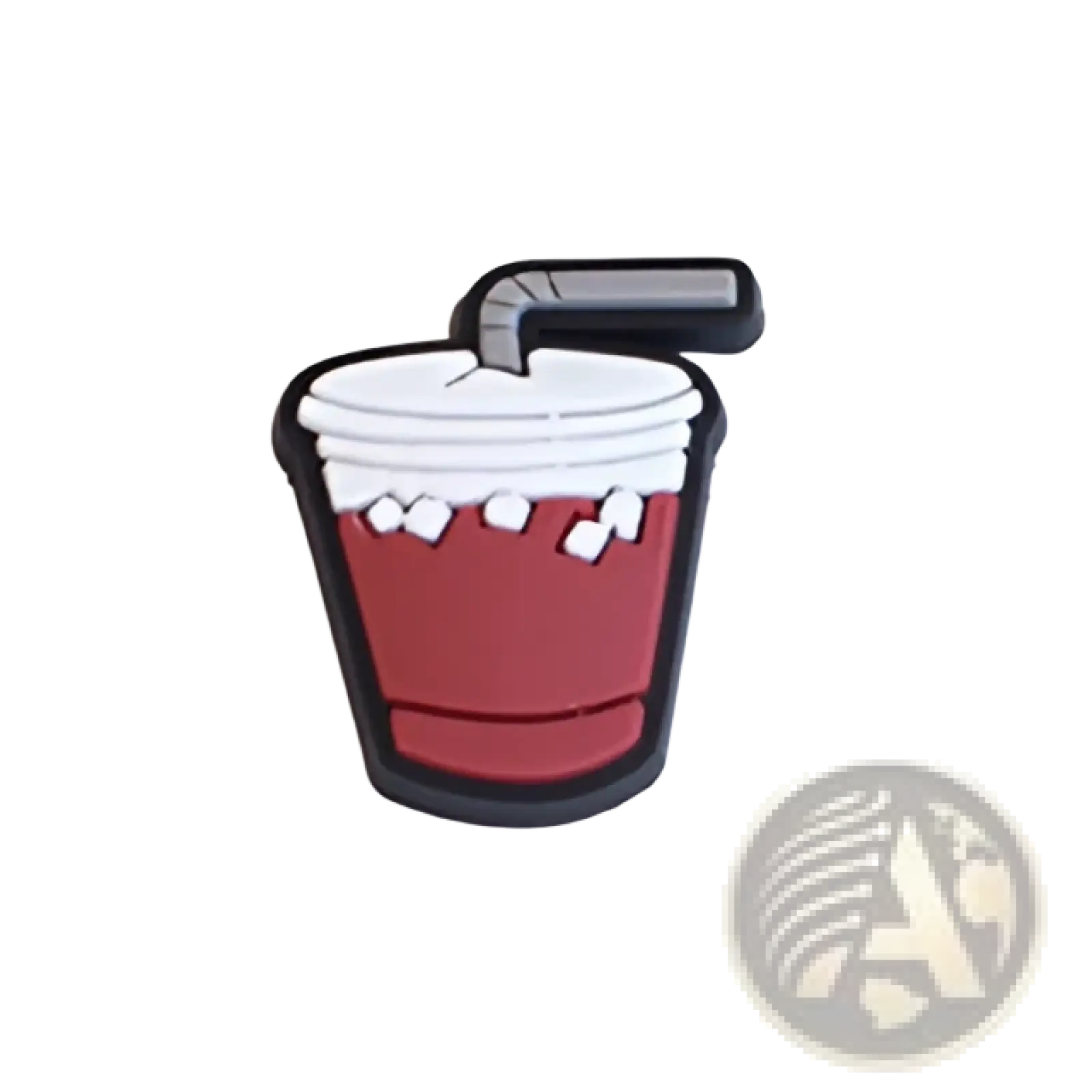 Food themed shoe charm of a red drink cup with white foam and black straw designed for sandals and clogs