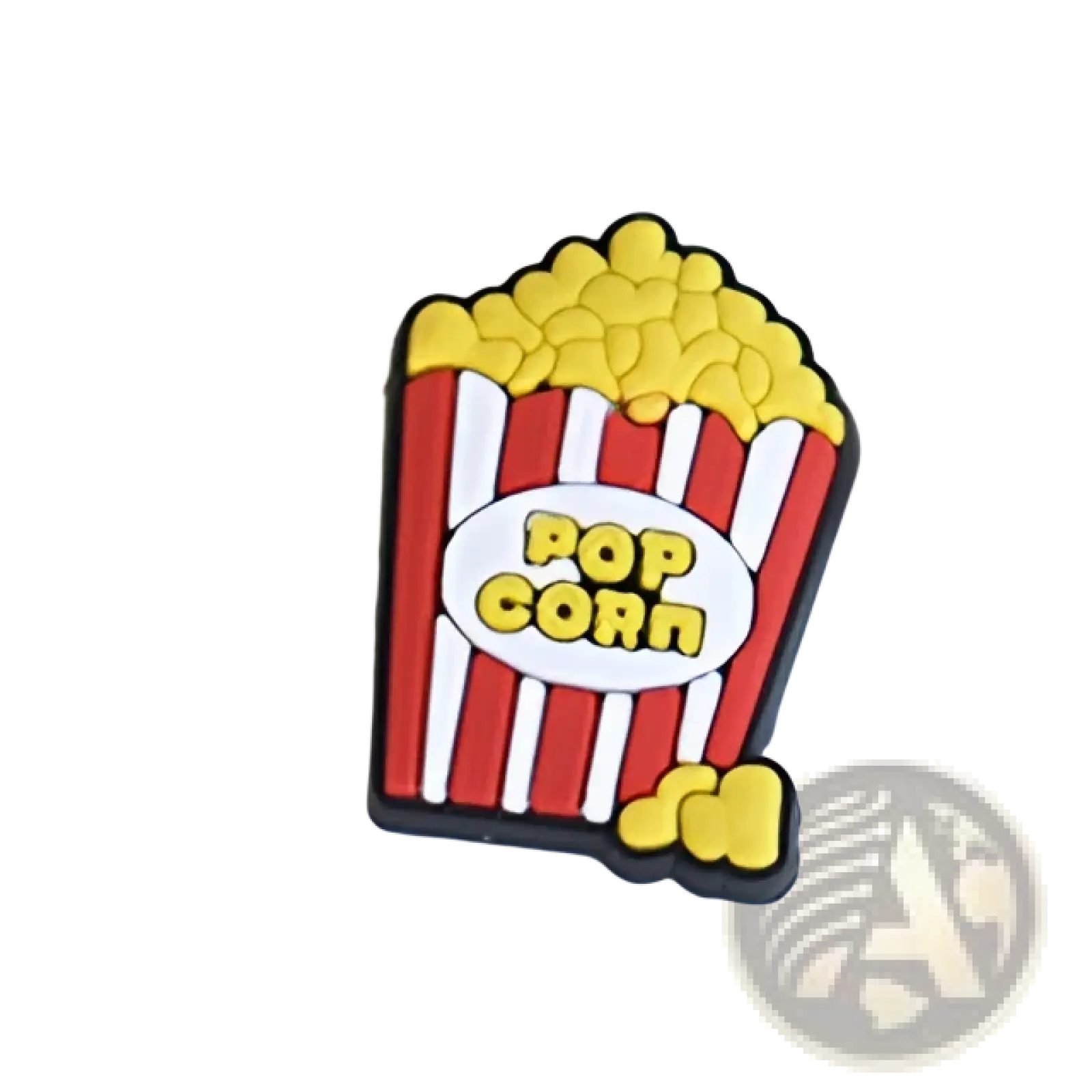 Food themed shoe charm of a red and white striped popcorn bucket with yellow popcorn and black outline for sandals and clogs